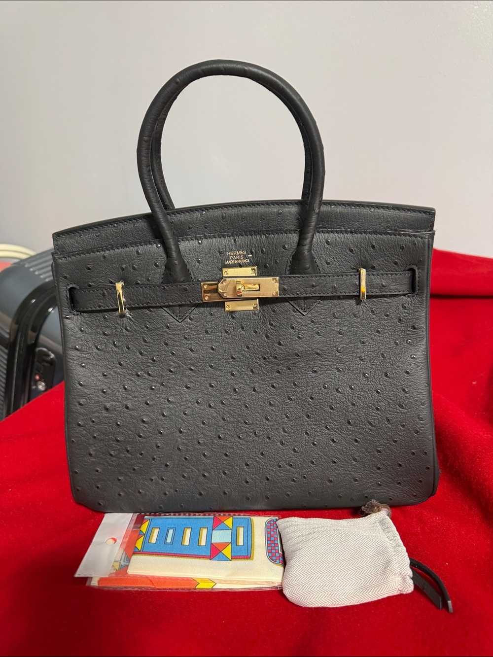 Black Ostrich Leather Top-Handle Bag